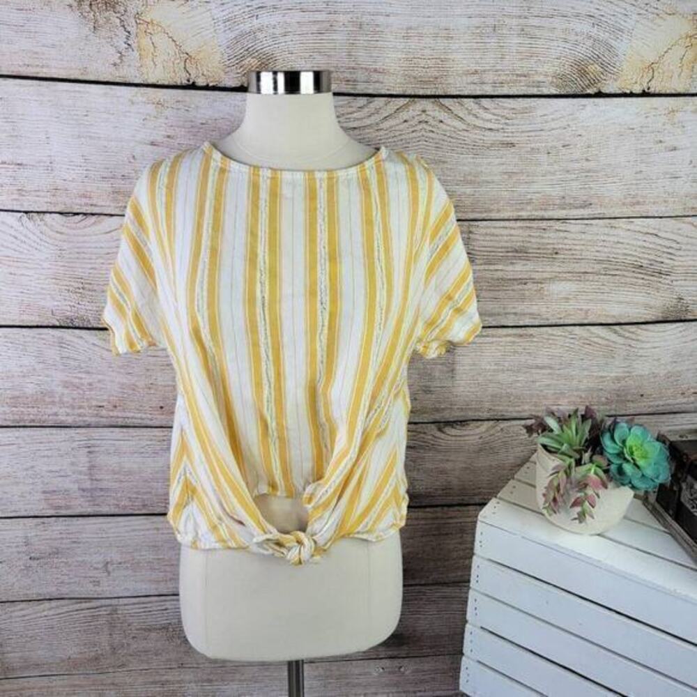 Lou & Grey Skip Doppy Tie-Front Fray Hem Striped Yellow Size Small